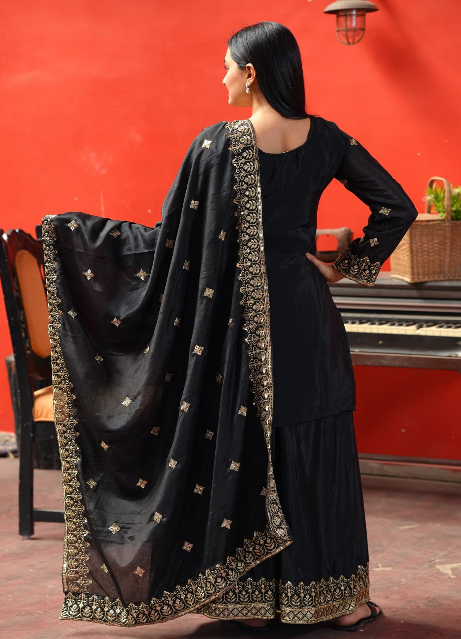 Chinon Sequin-Embroidered Designer Sharara Suit | Festive Wear Drape Dress