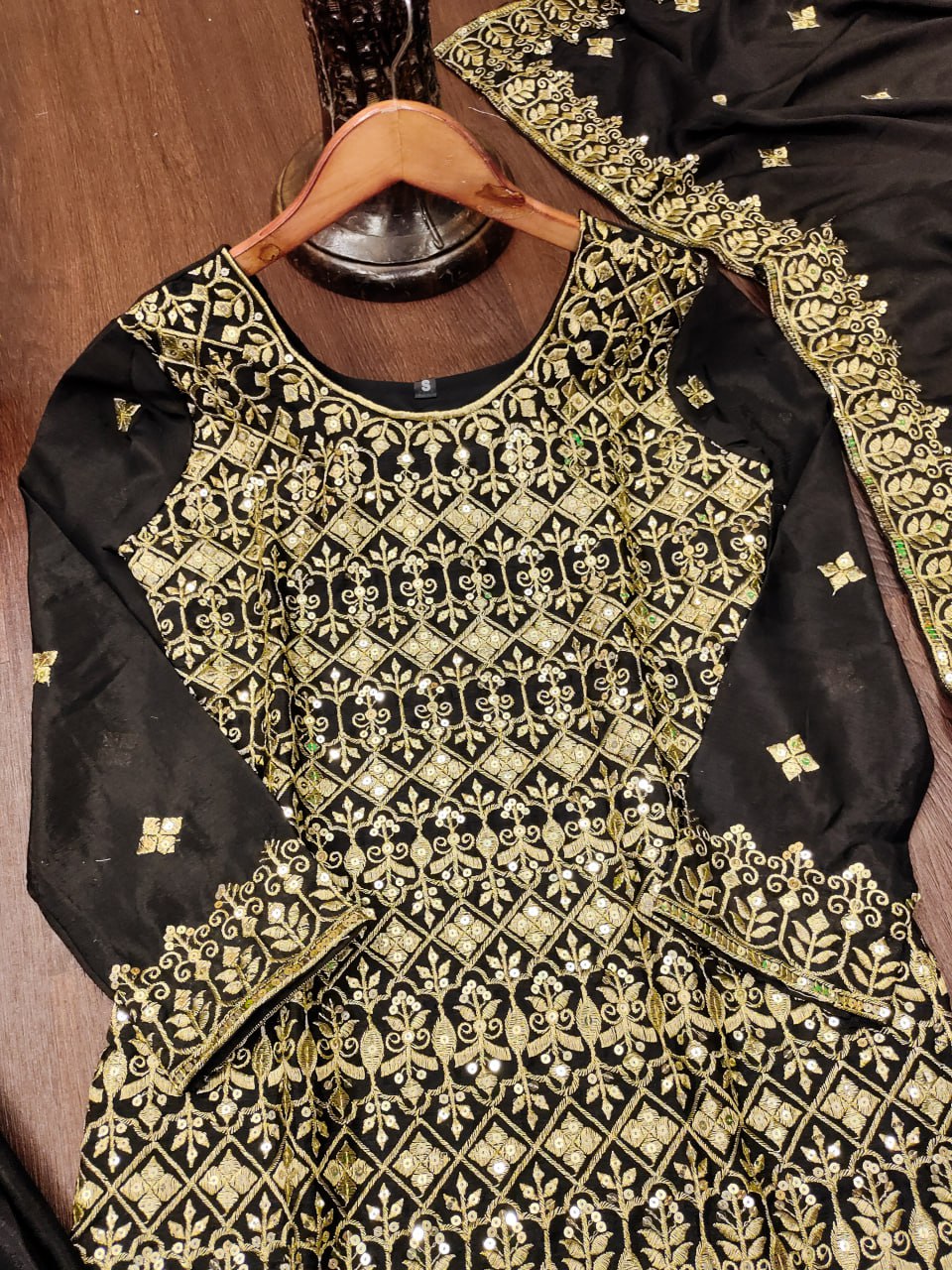Chinon Sequin-Embroidered Designer Sharara Suit | Festive Wear Drape Dress