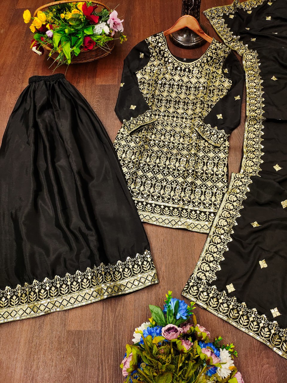Chinon Sequin-Embroidered Designer Sharara Suit | Festive Wear Drape Dress