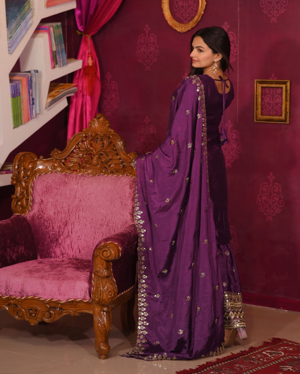 Designer Chinon Sequin-Embroidered Suit Set | Festive Party Wear Drape Dress