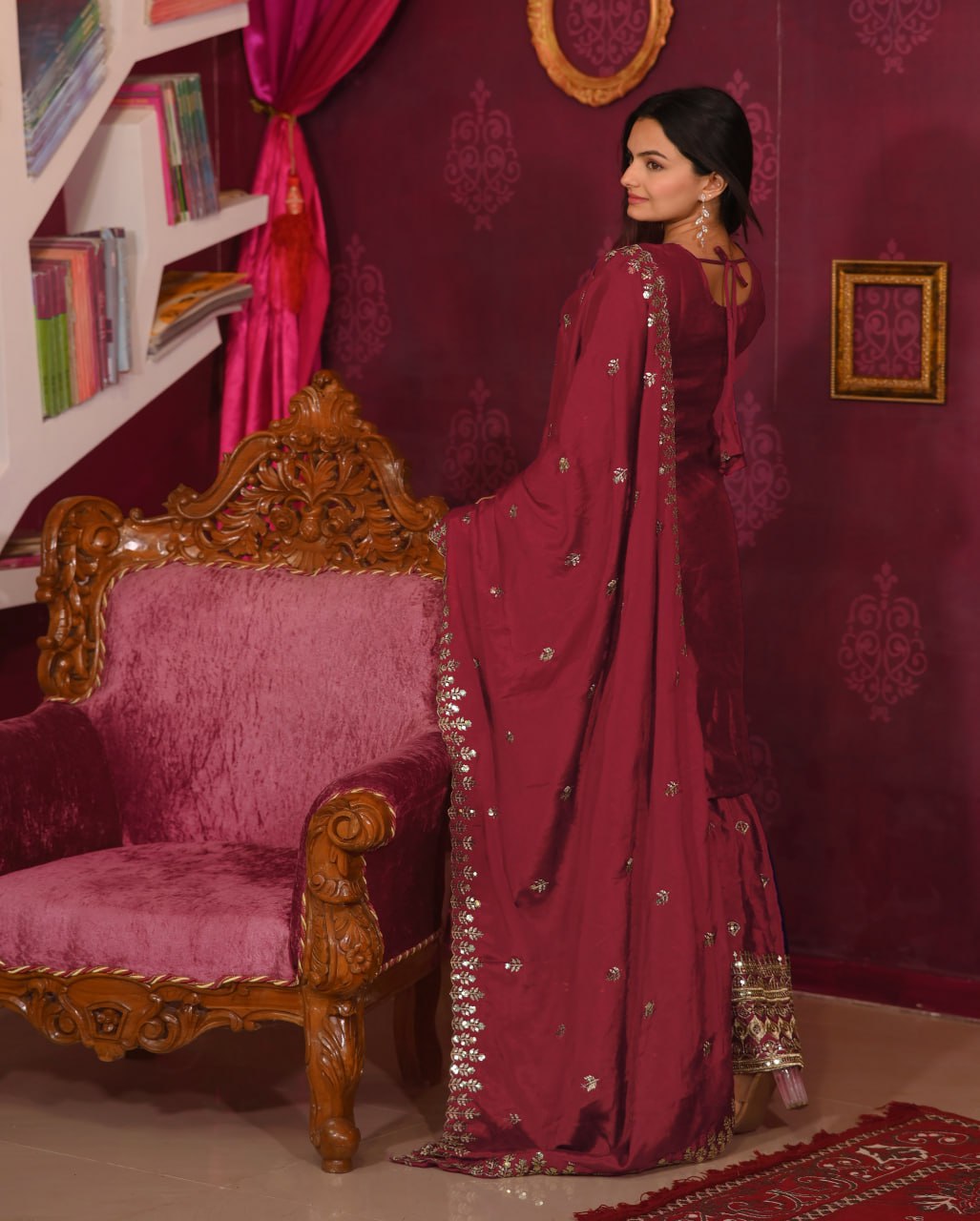Designer Chinon Sequin-Embroidered Suit Set | Festive Party Wear Drape Dress