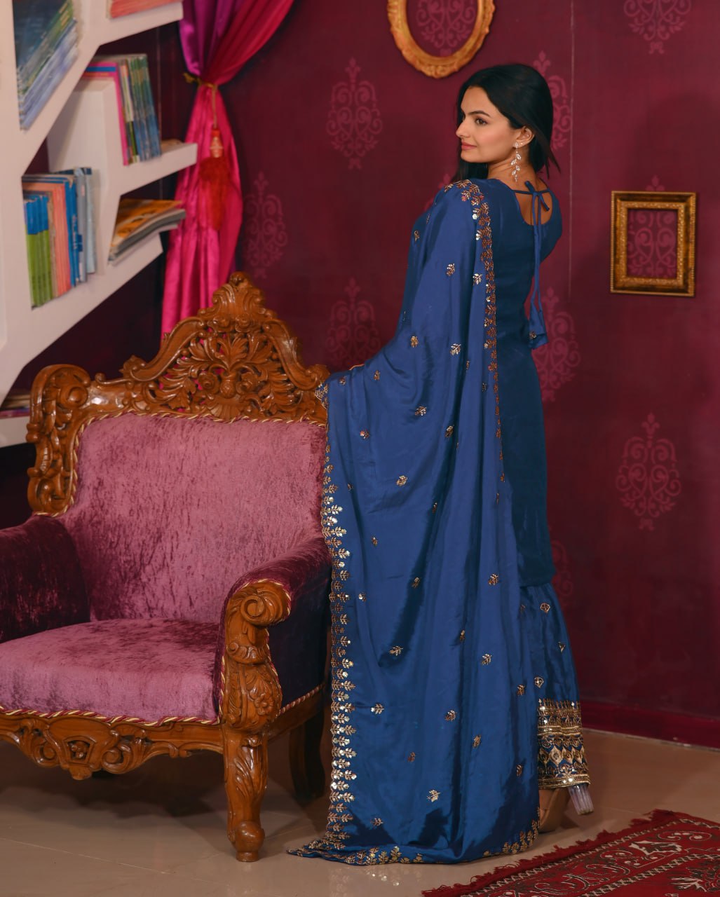 Designer Chinon Sequin-Embroidered Suit Set | Festive Party Wear Drape Dress
