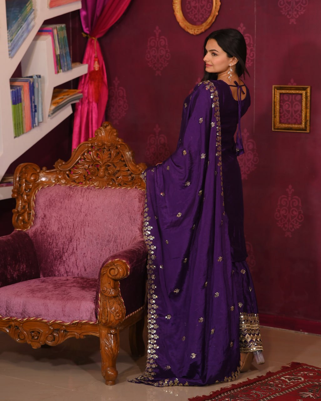 Designer Chinon Sequin-Embroidered Suit Set | Festive Party Wear Drape Dress