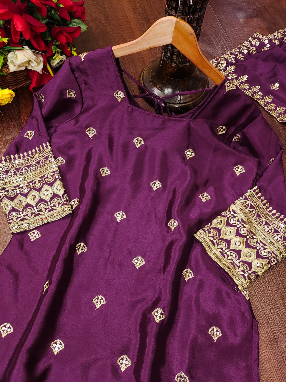 Designer Chinon Sequin-Embroidered Suit Set | Festive Party Wear Drape Dress
