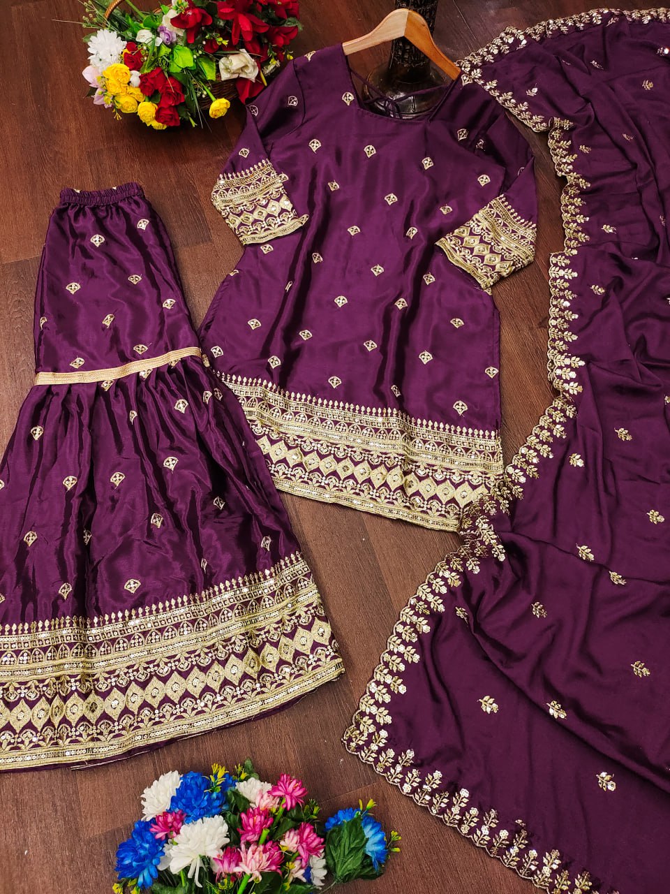 Designer Chinon Sequin-Embroidered Suit Set | Festive Party Wear Drape Dress