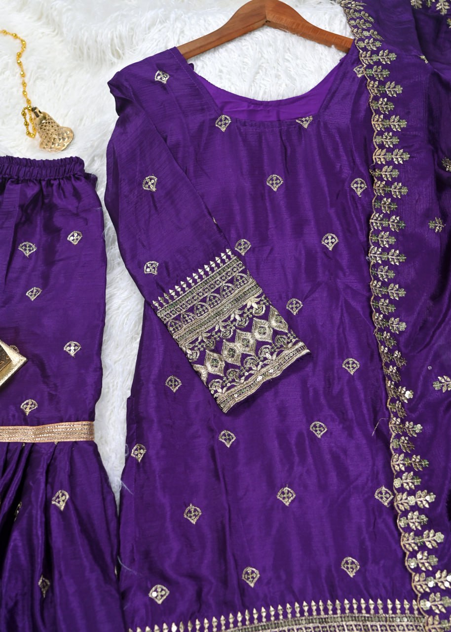 Designer Chinon Sequin-Embroidered Suit Set | Festive Party Wear Drape Dress