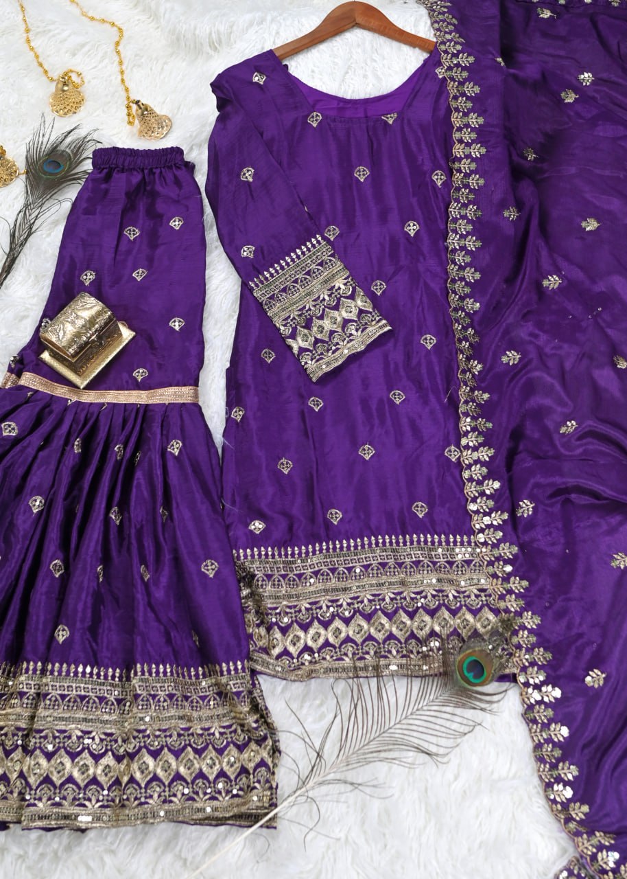 Designer Chinon Sequin-Embroidered Suit Set | Festive Party Wear Drape Dress
