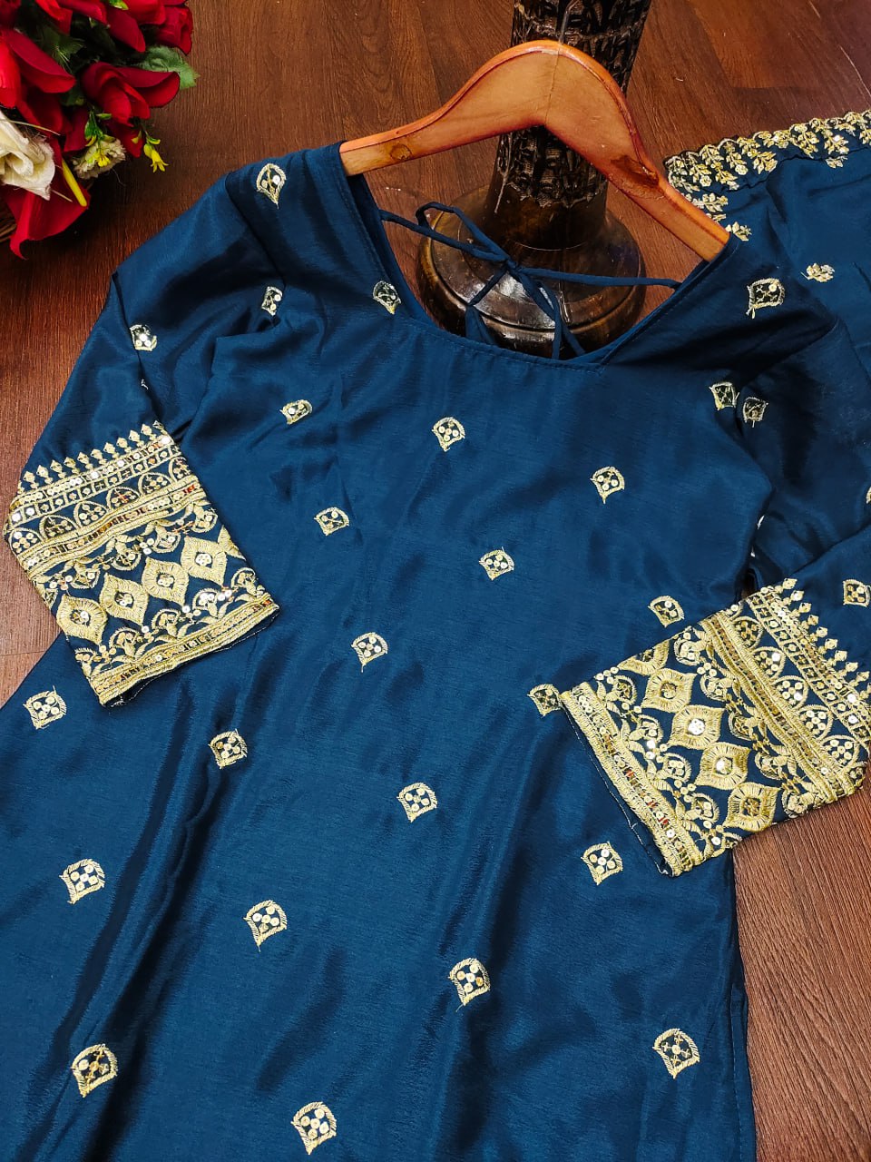 Designer Chinon Sequin-Embroidered Suit Set | Festive Party Wear Drape Dress