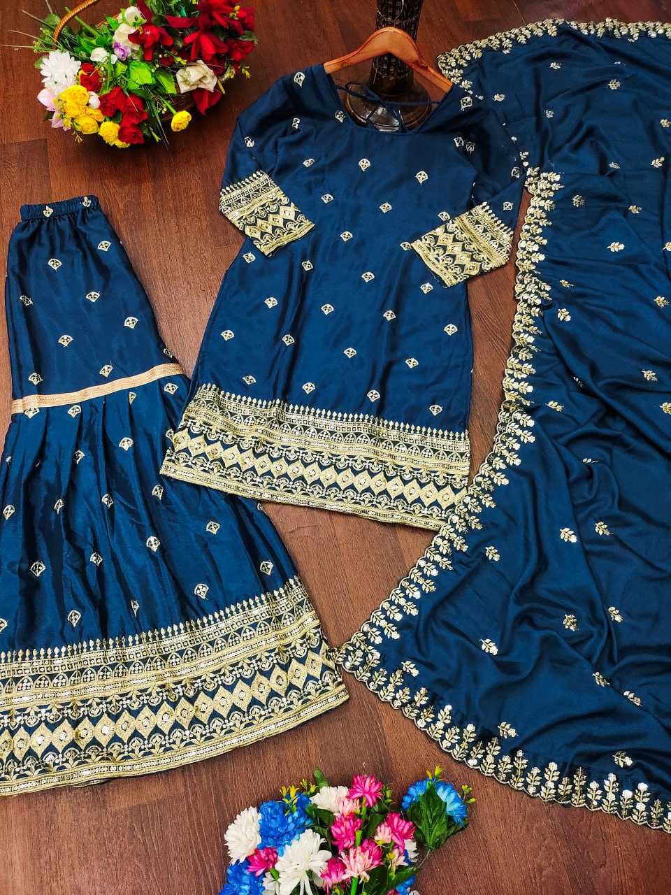 Designer Chinon Sequin-Embroidered Suit Set | Festive Party Wear Drape Dress