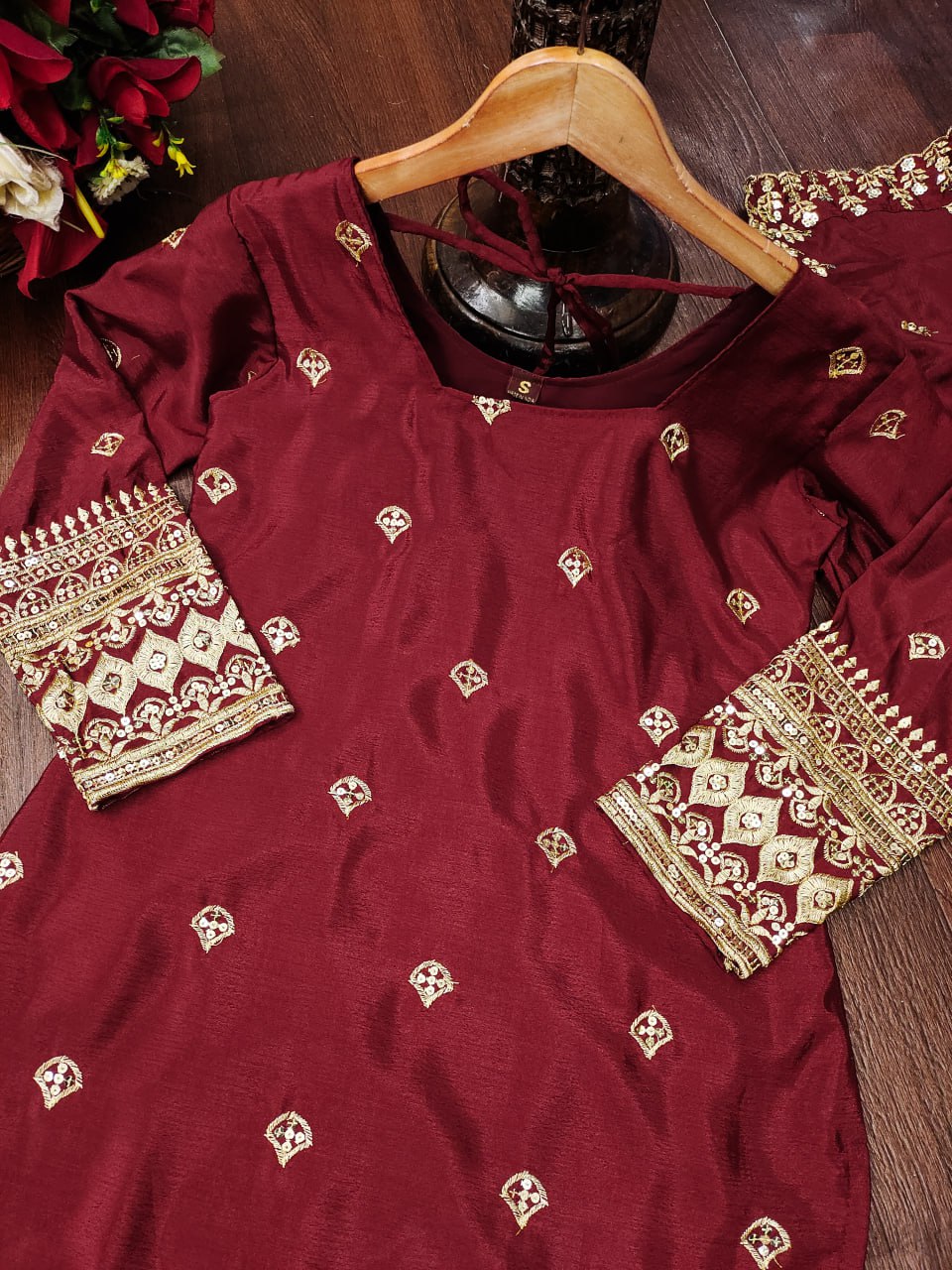 Designer Chinon Sequin-Embroidered Suit Set | Festive Party Wear Drape Dress