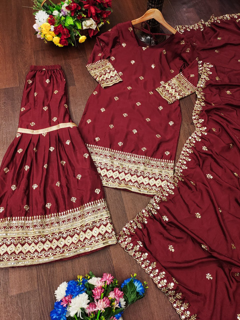 Designer Chinon Sequin-Embroidered Suit Set | Festive Party Wear Drape Dress