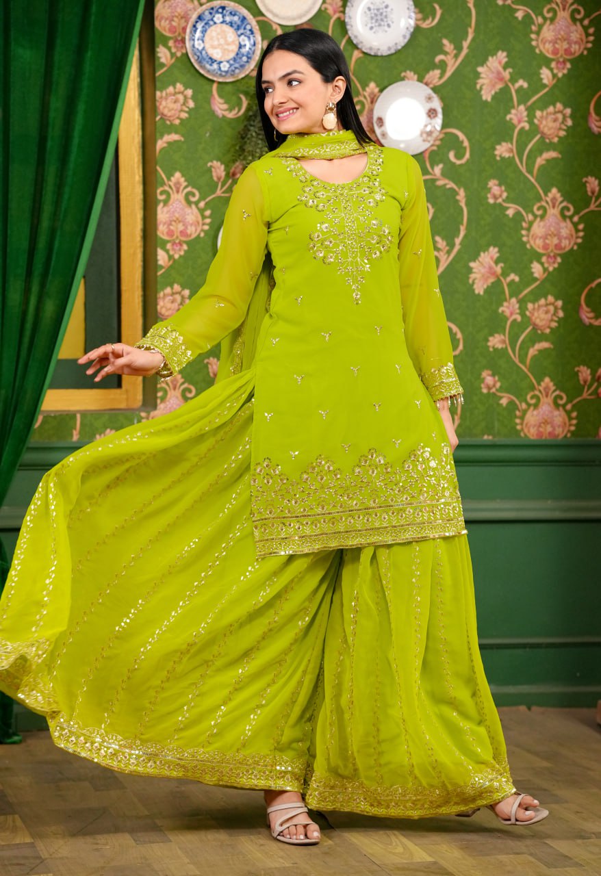 Designer Georgette Sharara Suit with Sequin Embroidery | Festive Wear Ensemble Drape Dress