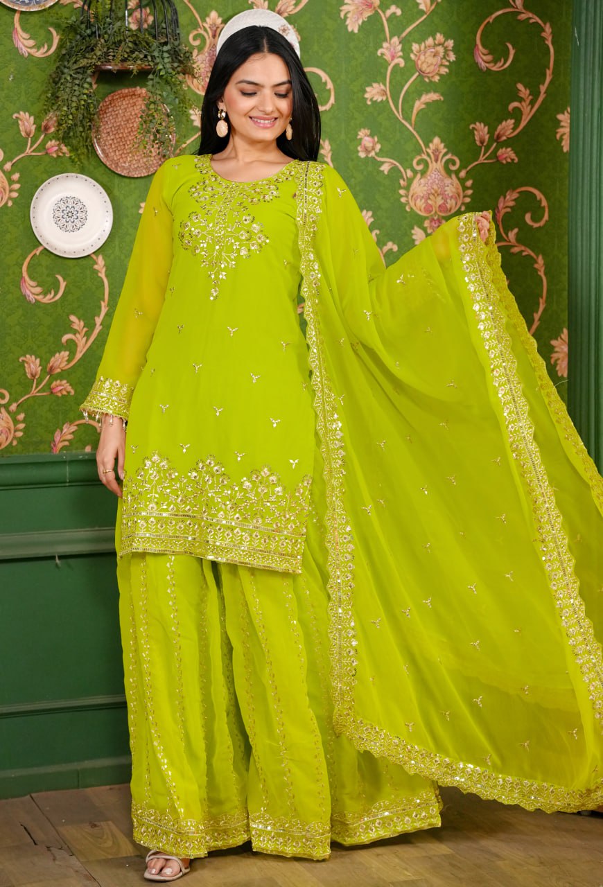 Designer Georgette Sharara Suit with Sequin Embroidery | Festive Wear Ensemble Drape Dress