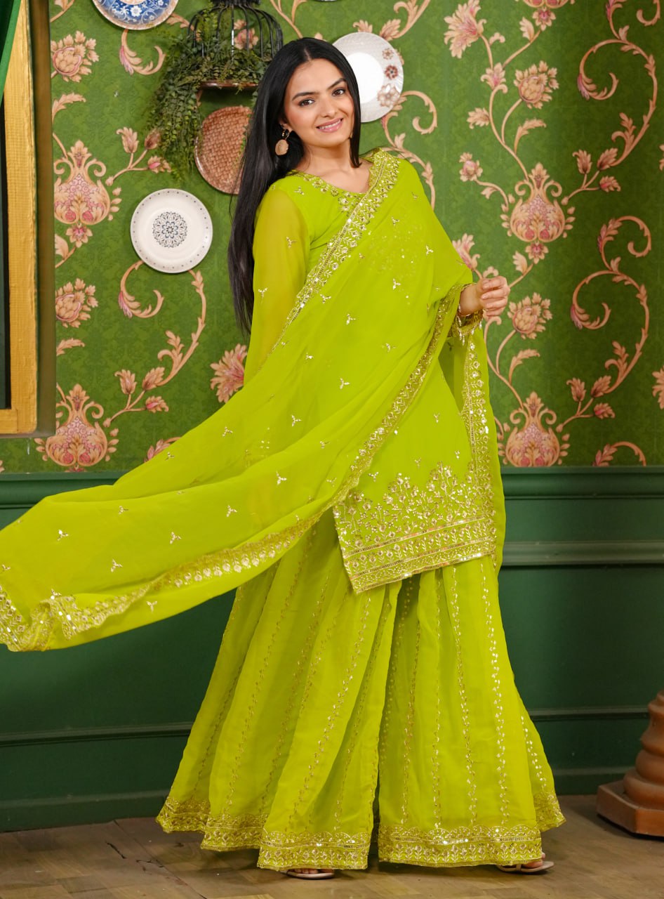 Designer Georgette Sharara Suit with Sequin Embroidery | Festive Wear Ensemble Drape Dress