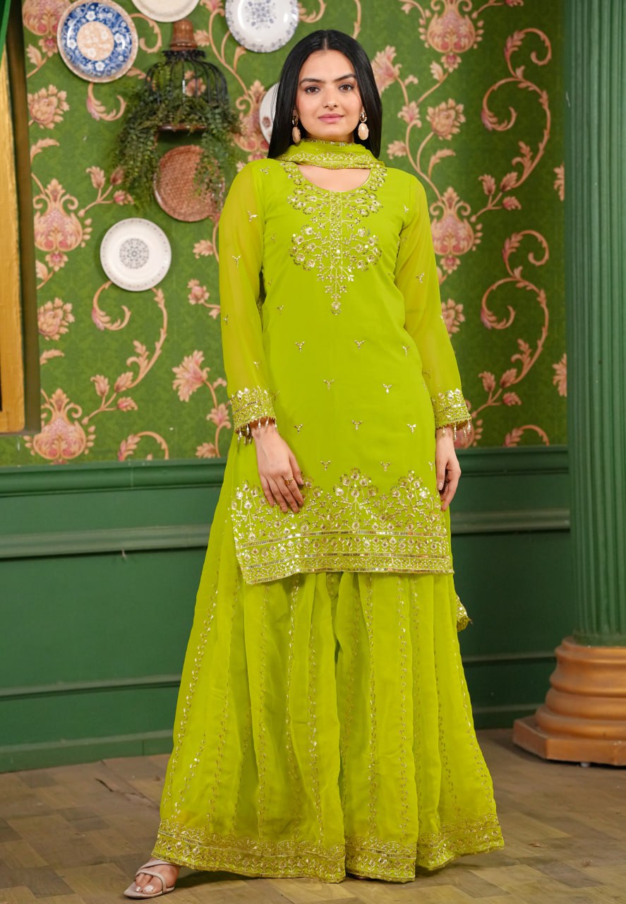 Designer Georgette Sharara Suit with Sequin Embroidery | Festive Wear Ensemble Drape Dress