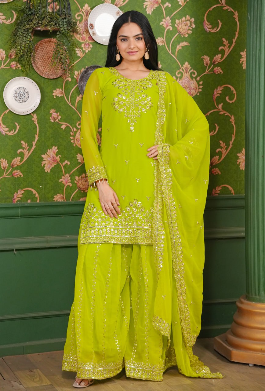 Designer Georgette Sharara Suit with Sequin Embroidery | Festive Wear Ensemble Drape Dress