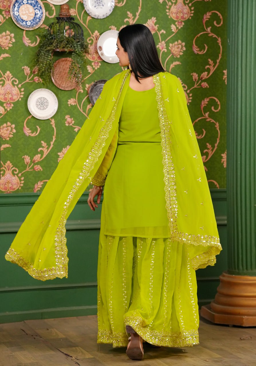 Designer Georgette Sharara Suit with Sequin Embroidery | Festive Wear Ensemble Drape Dress