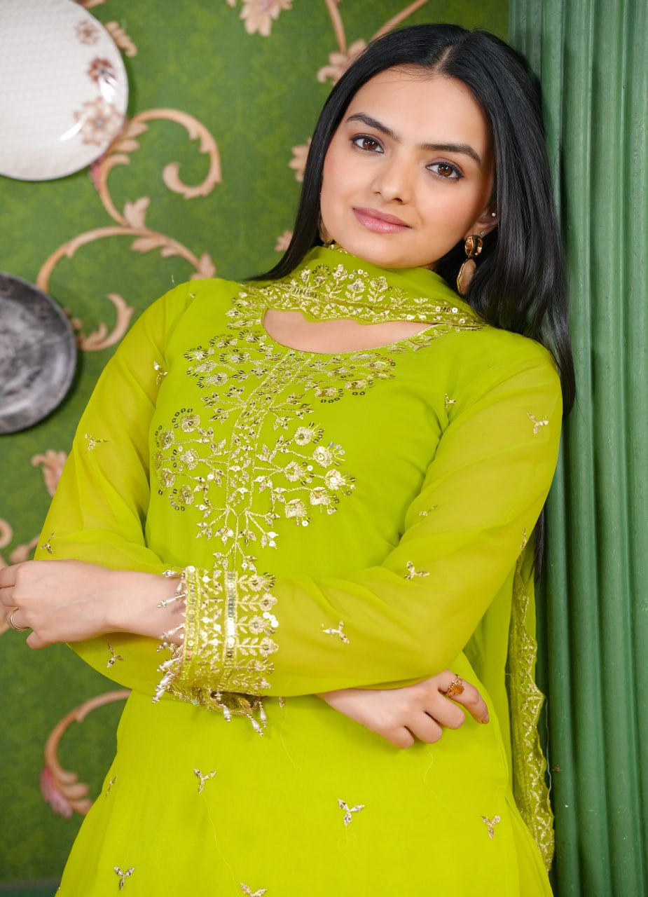 Designer Georgette Sharara Suit with Sequin Embroidery | Festive Wear Ensemble Drape Dress