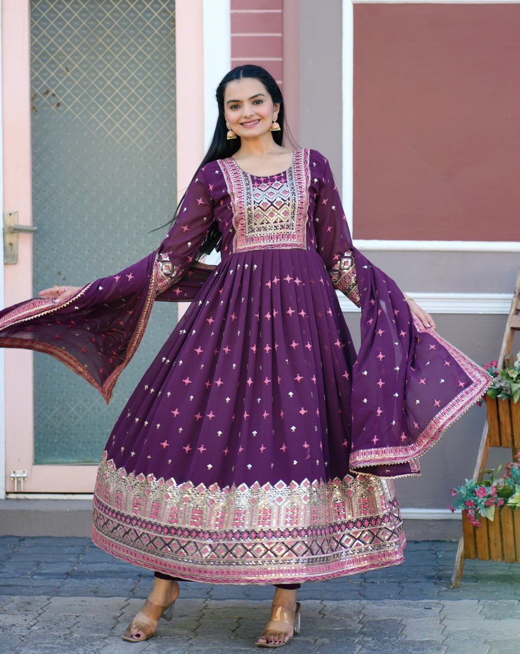 Designer Fox Georgette Gown with Sequin Embroidery | Party & Festive Wear Drape Dress