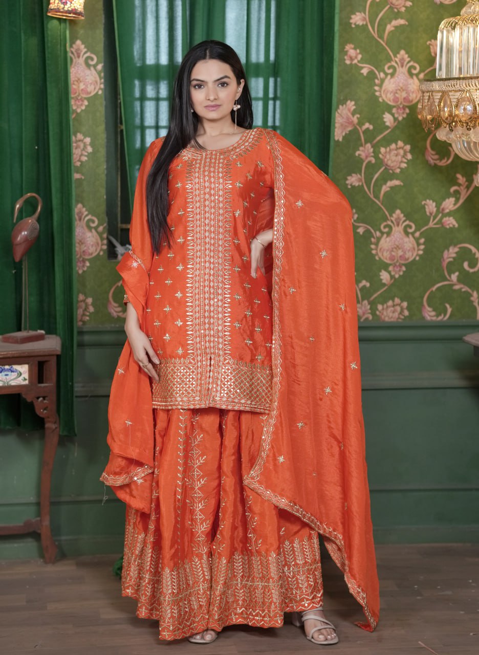 Chinon Sequin-Embroidered Sharara Suit | Designer Festive Wear Drape Dress