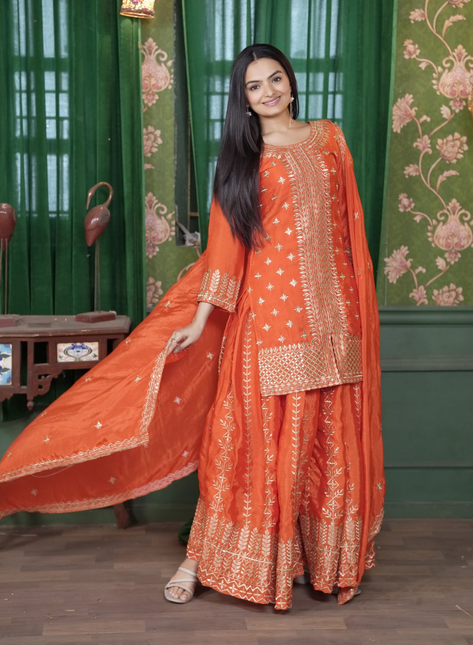 Chinon Sequin-Embroidered Sharara Suit | Designer Festive Wear Drape Dress