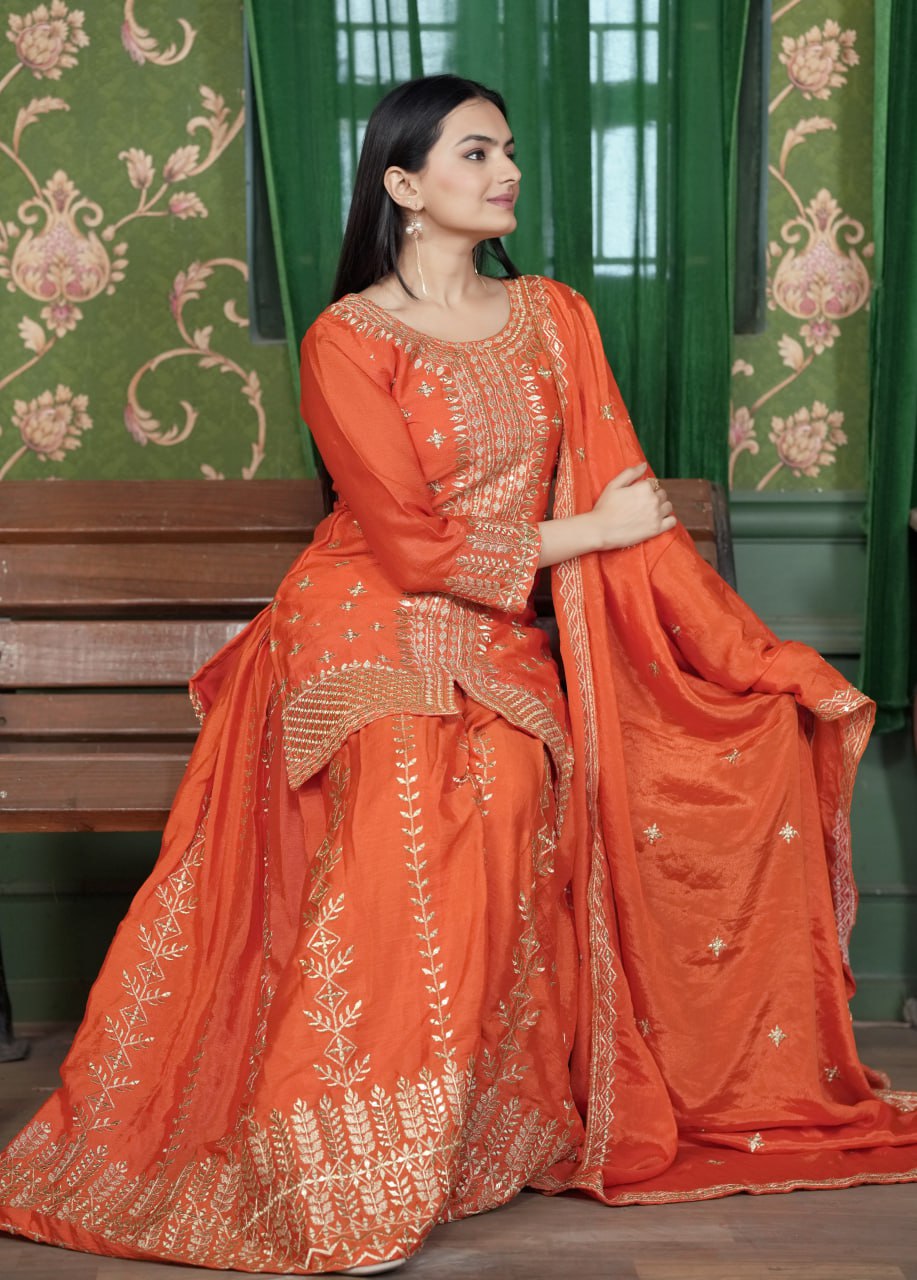 Chinon Sequin-Embroidered Sharara Suit | Designer Festive Wear Drape Dress