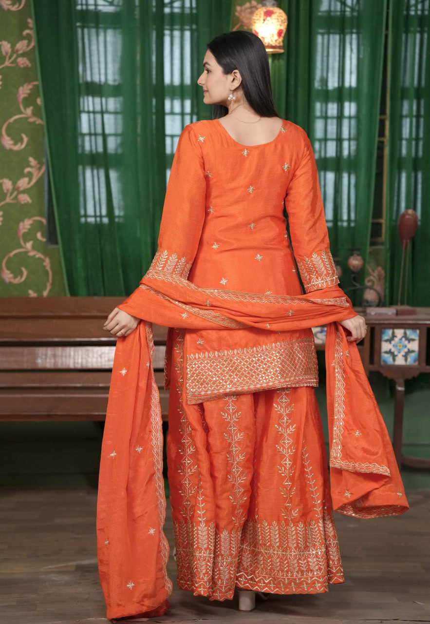 Chinon Sequin-Embroidered Sharara Suit | Designer Festive Wear Drape Dress