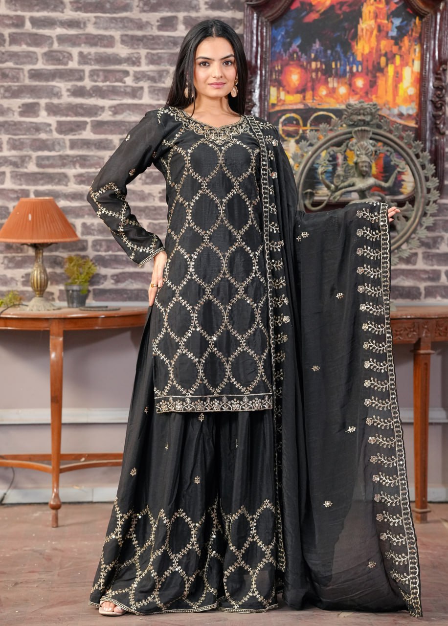 Designer Chinon Sharara Suit with Sequin Sequence Embroidery | Festive Wear Drape Dress