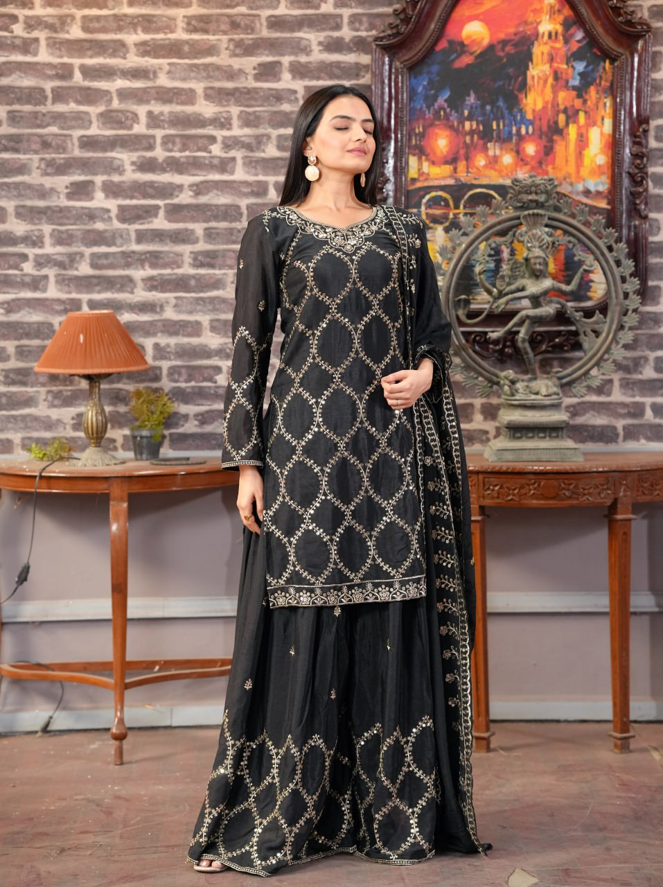 Designer Chinon Sharara Suit with Sequin Sequence Embroidery | Festive Wear Drape Dress