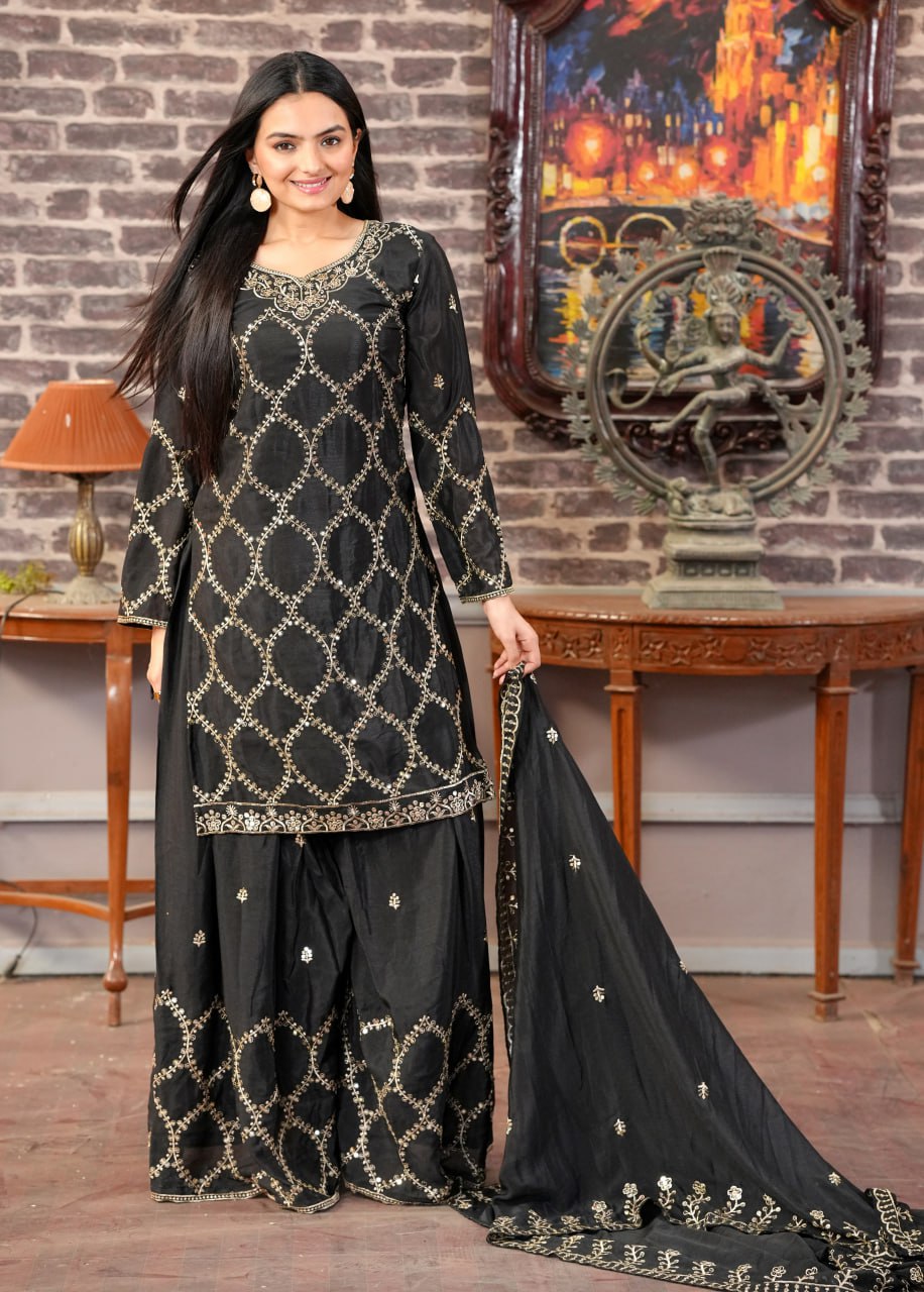 Designer Chinon Sharara Suit with Sequin Sequence Embroidery | Festive Wear Drape Dress