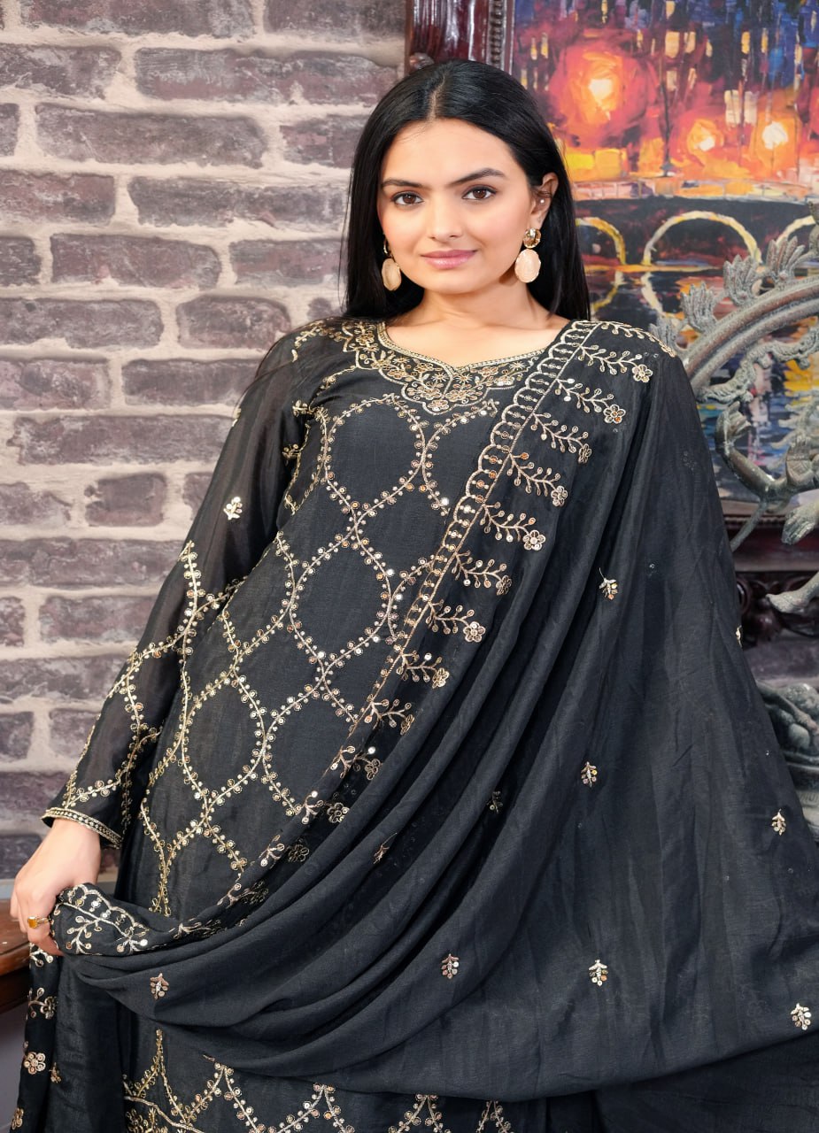 Designer Chinon Sharara Suit with Sequin Sequence Embroidery | Festive Wear Drape Dress