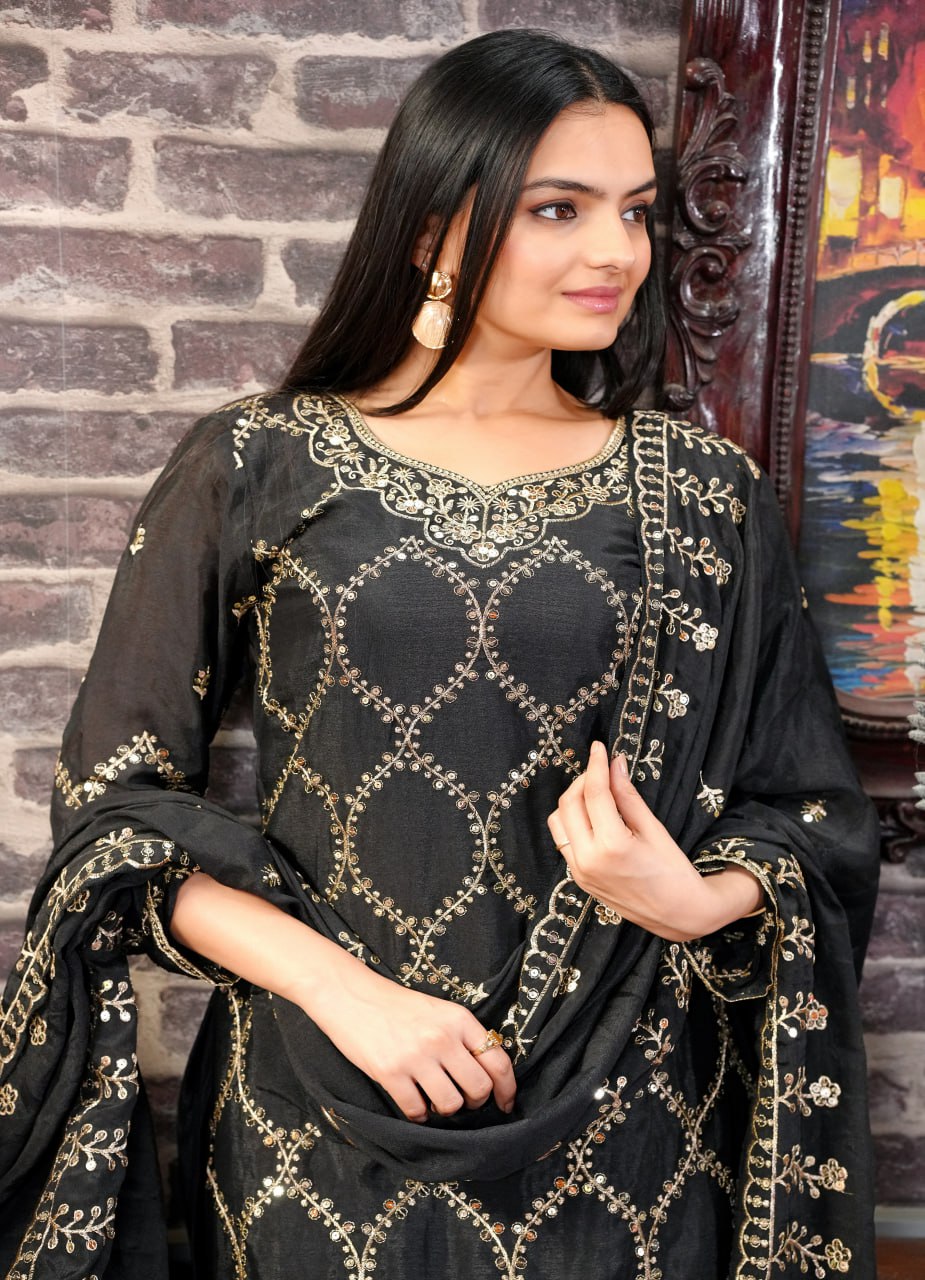Designer Chinon Sharara Suit with Sequin Sequence Embroidery | Festive Wear Drape Dress