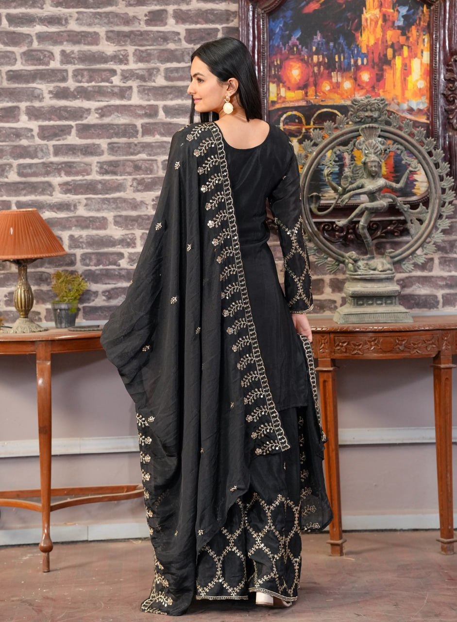 Designer Chinon Sharara Suit with Sequin Sequence Embroidery | Festive Wear Drape Dress