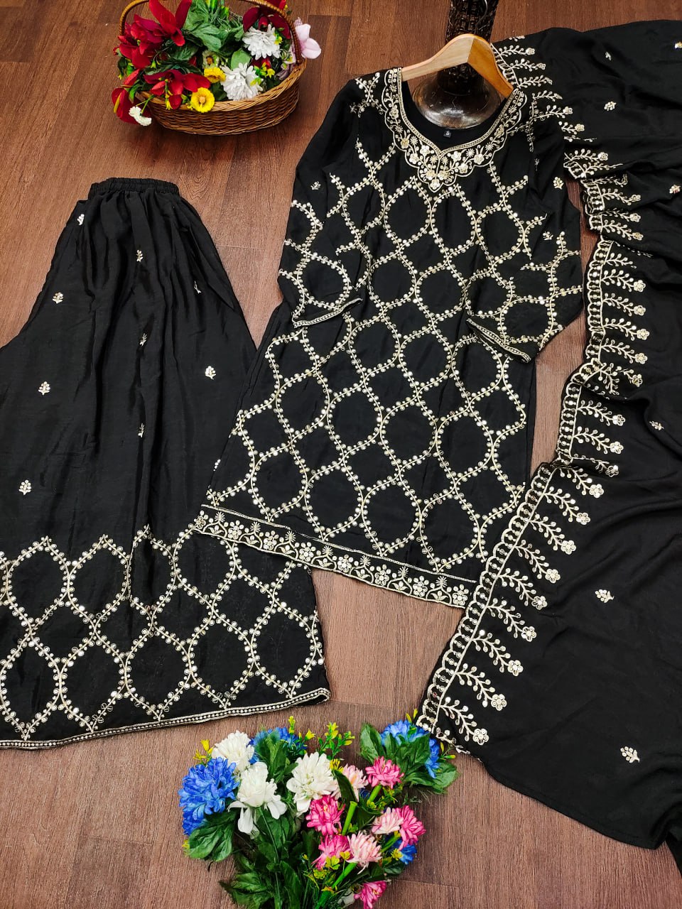Designer Chinon Sharara Suit with Sequin Sequence Embroidery | Festive Wear Drape Dress