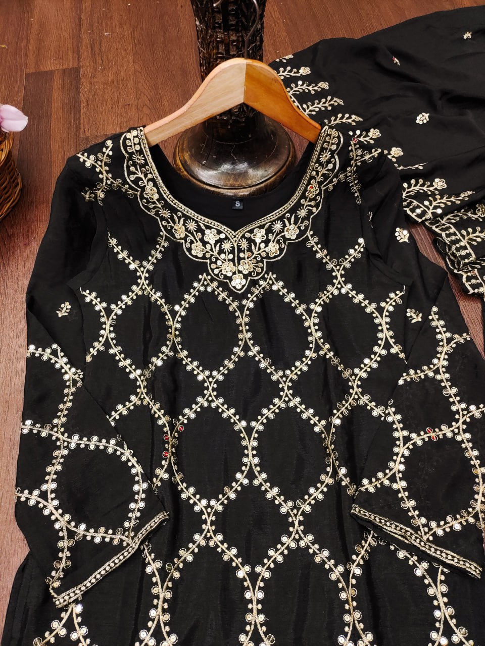Designer Chinon Sharara Suit with Sequin Sequence Embroidery | Festive Wear Drape Dress