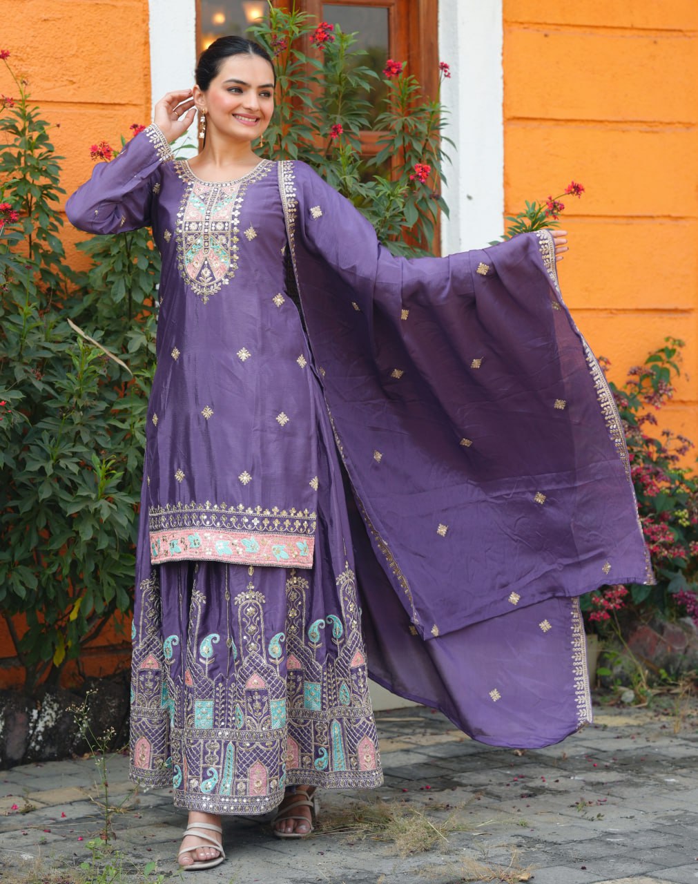 Designer Chinon Sequin-Embroidered Sharara Suit Set – Festive Wear Drape Dress