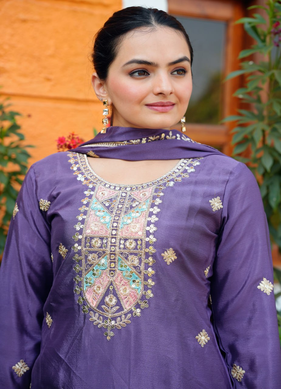 Designer Chinon Sequin-Embroidered Sharara Suit Set – Festive Wear Drape Dress