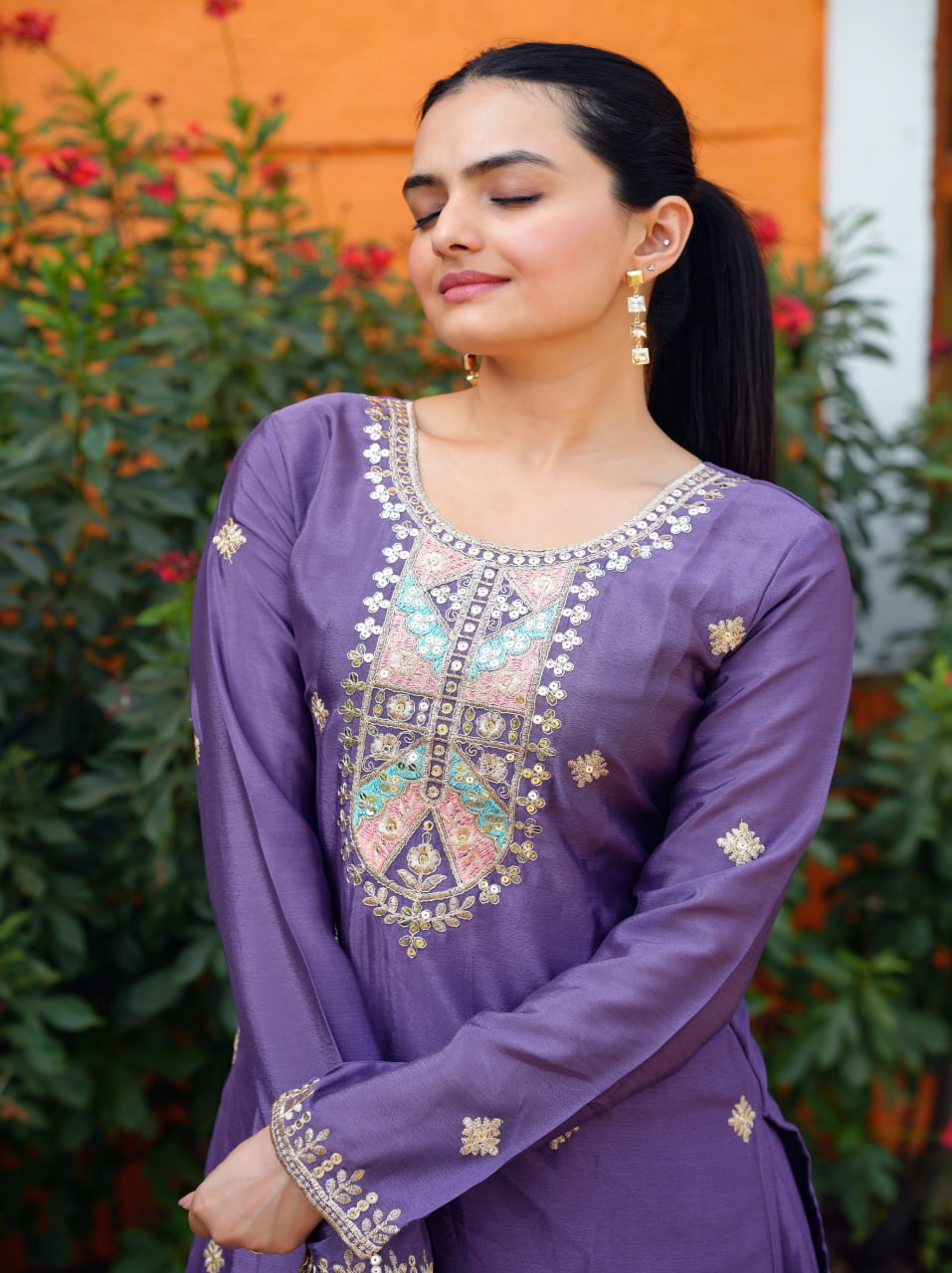 Designer Chinon Sequin-Embroidered Sharara Suit Set – Festive Wear Drape Dress