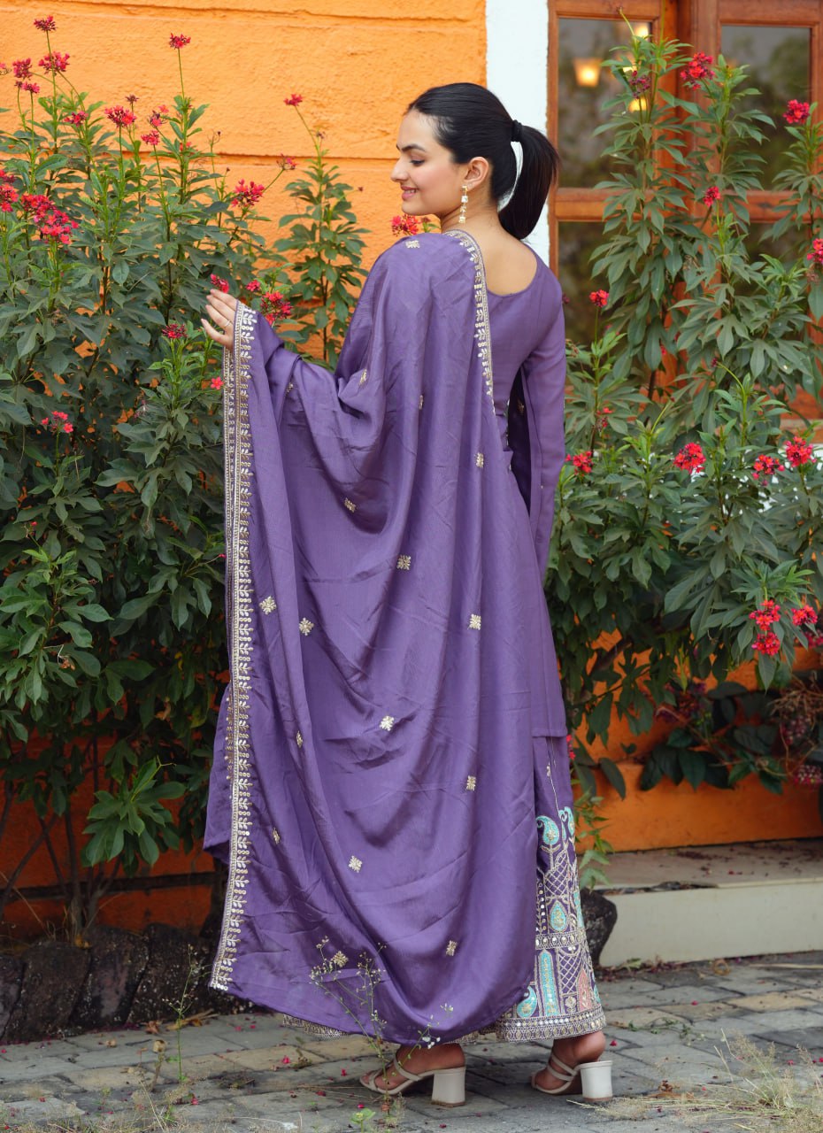 Designer Chinon Sequin-Embroidered Sharara Suit Set – Festive Wear Drape Dress