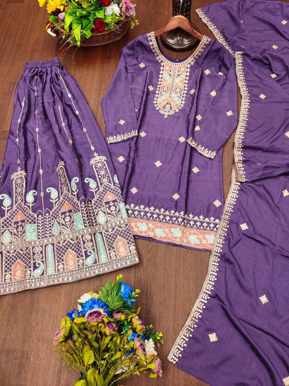 Designer Chinon Sequin-Embroidered Sharara Suit Set – Festive Wear Drape Dress