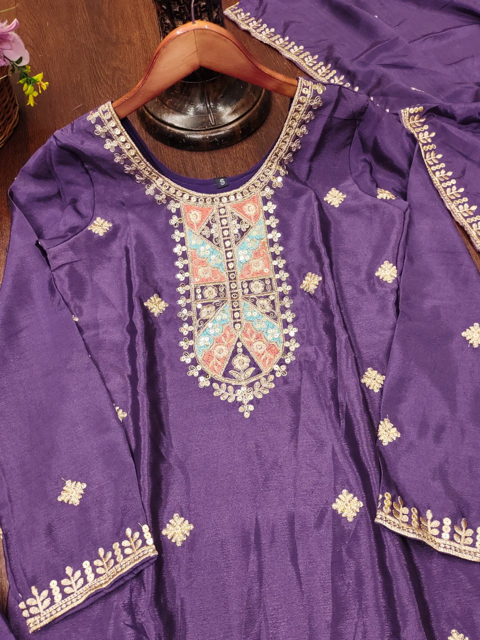 Designer Chinon Sequin-Embroidered Sharara Suit Set – Festive Wear Drape Dress