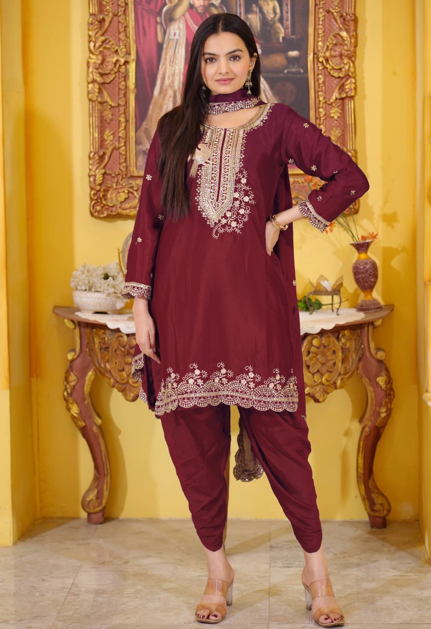Designer Chinon Dhoti Suit with Sequin Embroidery Drape Dress