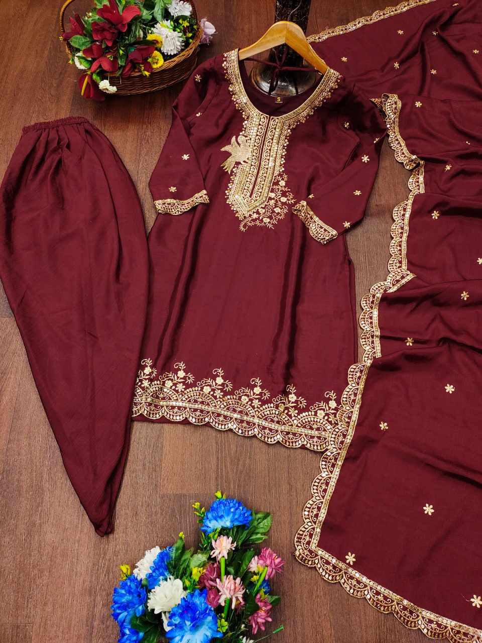Designer Chinon Dhoti Suit with Sequin Embroidery Drape Dress