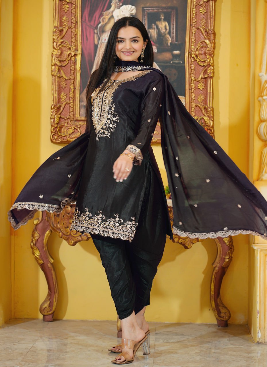 Designer Chinon Dhoti Suit with Sequin Embroidery Drape Dress