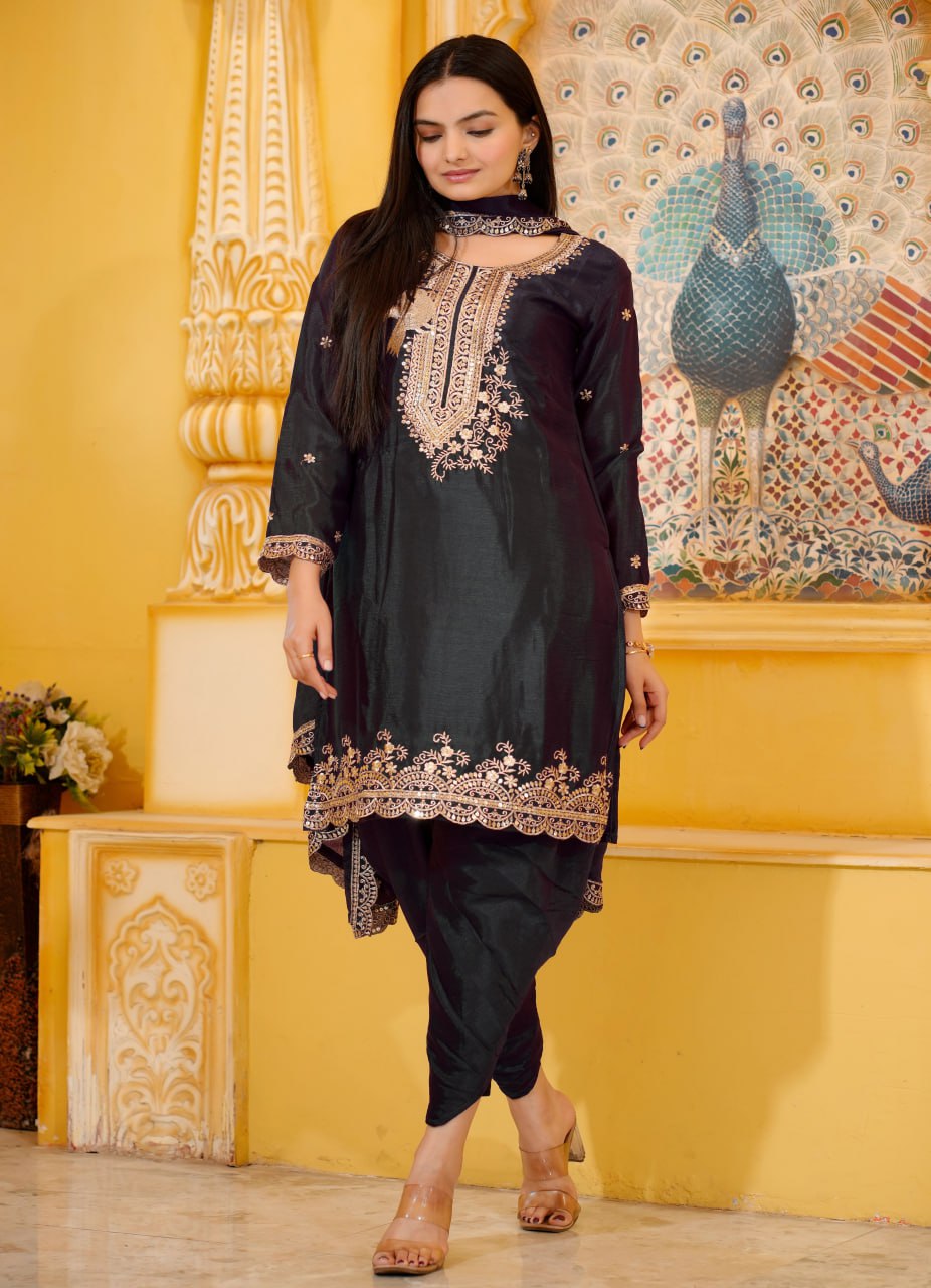 Designer Chinon Dhoti Suit with Sequin Embroidery Drape Dress