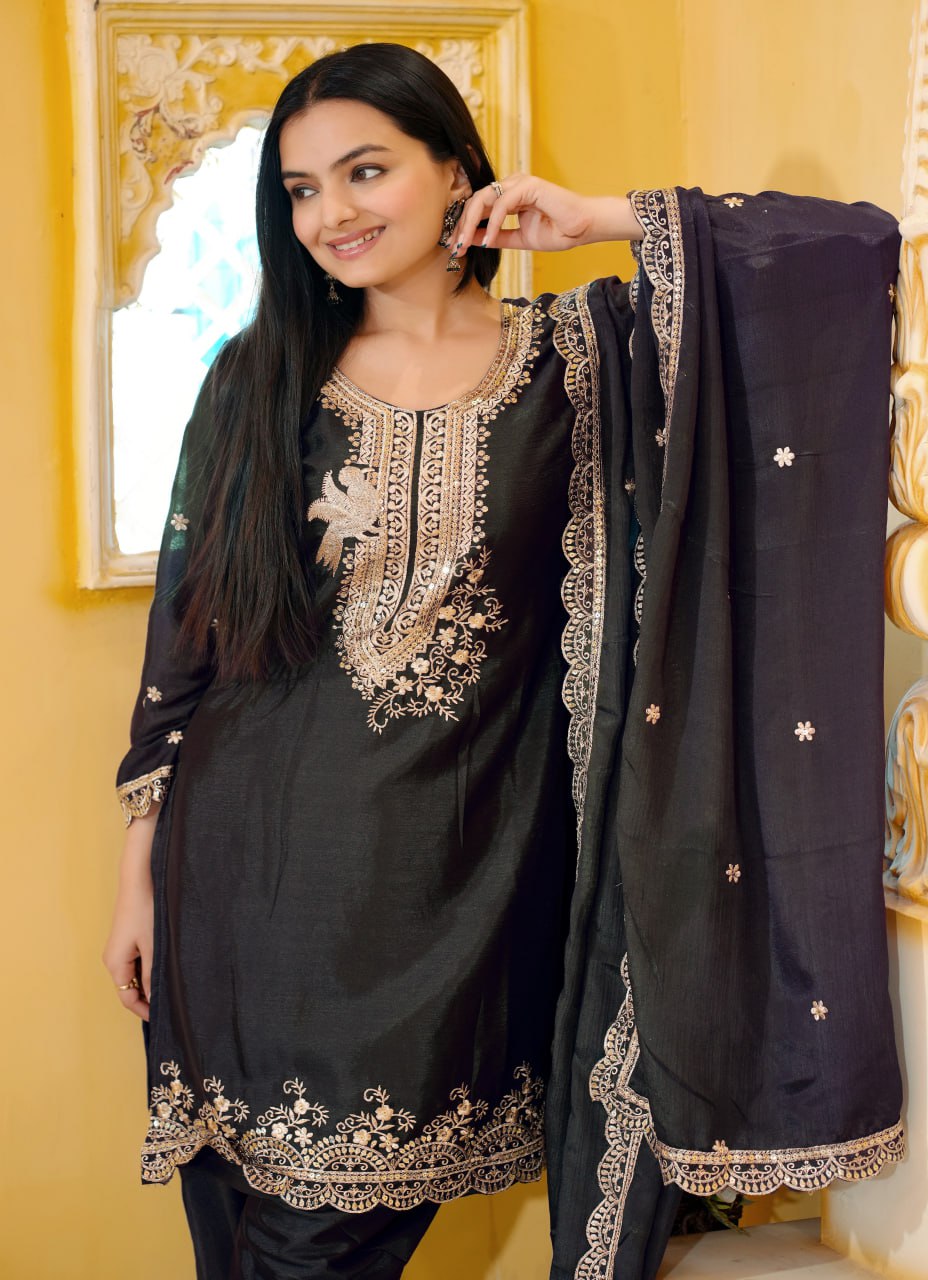 Designer Chinon Dhoti Suit with Sequin Embroidery Drape Dress