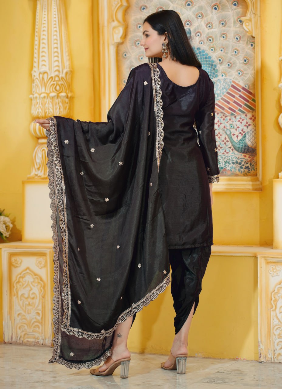 Designer Chinon Dhoti Suit with Sequin Embroidery Drape Dress
