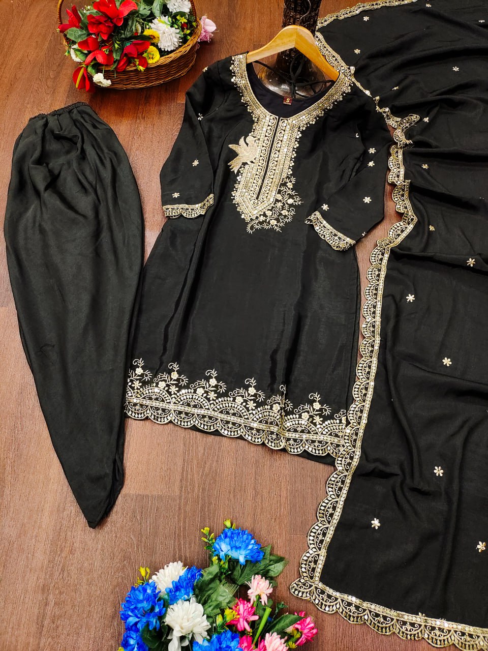 Designer Chinon Dhoti Suit with Sequin Embroidery Drape Dress