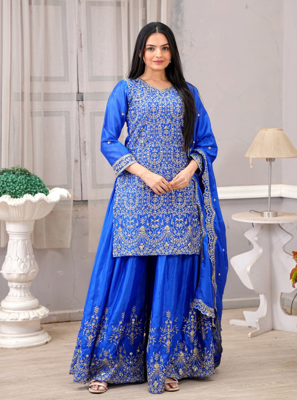 Designer Chinon Sharara Suit with Sequin Embroidery Drape Dress