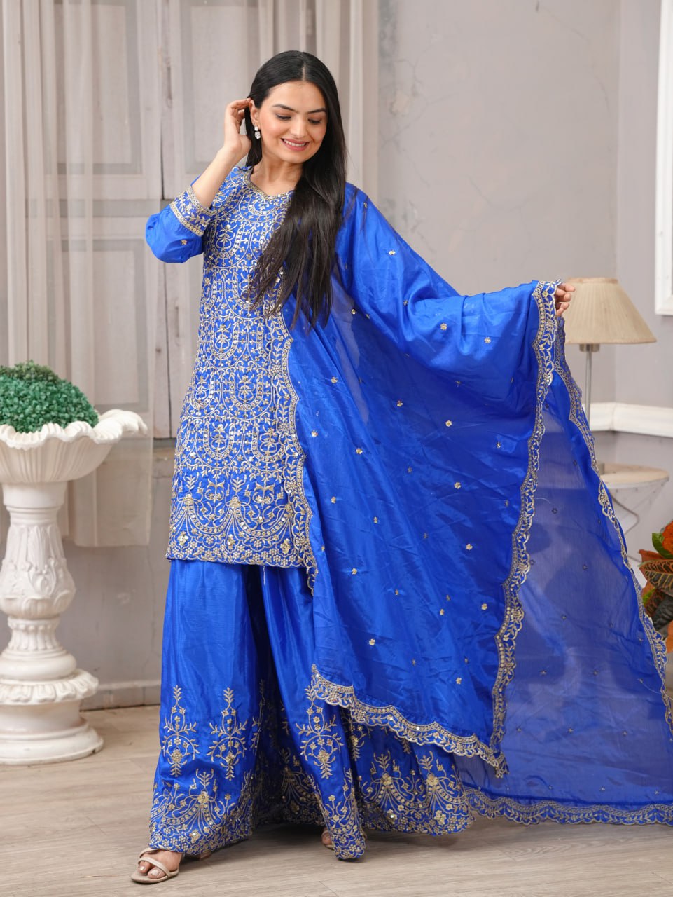 Designer Chinon Sharara Suit with Sequin Embroidery Drape Dress
